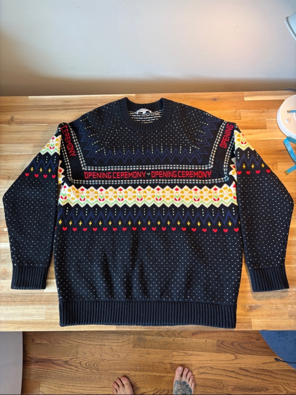 Opening Ceremony Navy Fair Isle Crewneck Sweater with Red Accents